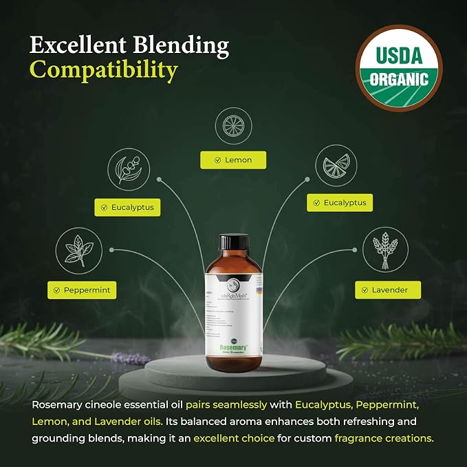Organic Rosemary Essential Oil Chemotype Cineole | 100% Pure Steam Distilled Rosemary Oil | Fresh Herbaceous Aroma for Diffuser Aromatherapy, Massage Blends & DIY Recipes | Spain - 4 Fl Oz