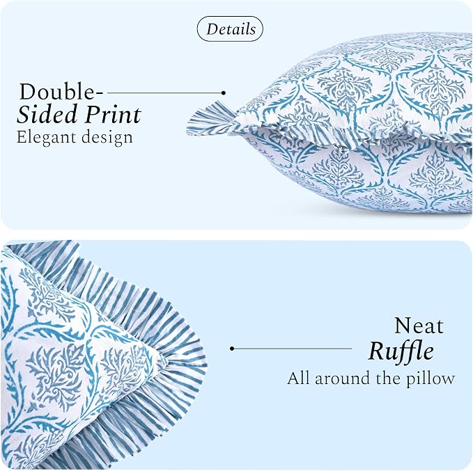 CPC Indigo Regal Hand Block Print 100% Cotton Ruffle Throw Pillow Cover 24x24 inch with Hidden Zipper Decorative for Couch, Bed, Sofa, Farmhouse, Cottagecore Decor Gift Christmas Fall Thanksgiving
