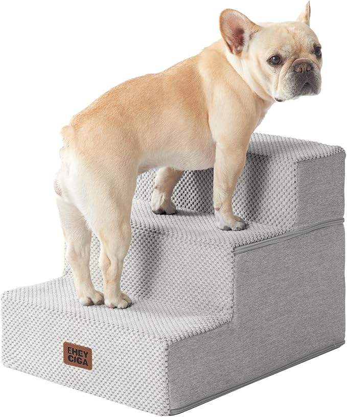 EHEYCIGA Dog Stairs for Small Dogs 13.5" H, 3-Step Extra Wide Dog Steps for Couch Sofa and Chair, Pet Steps for Medium Cats, Non-Slip Balanced Pet Ramp Indoor, Light Grey
