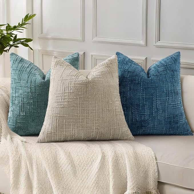 decorUhome Textured Chenille Throw Pillow Covers 24x24 Set of 2 Navy Blue | Fall Modern Farmhouse Soft Cozy Slubby Couch Pillow Cases Boho Decorative Pillow Cases for Bed Sofa Living Room Home Decor