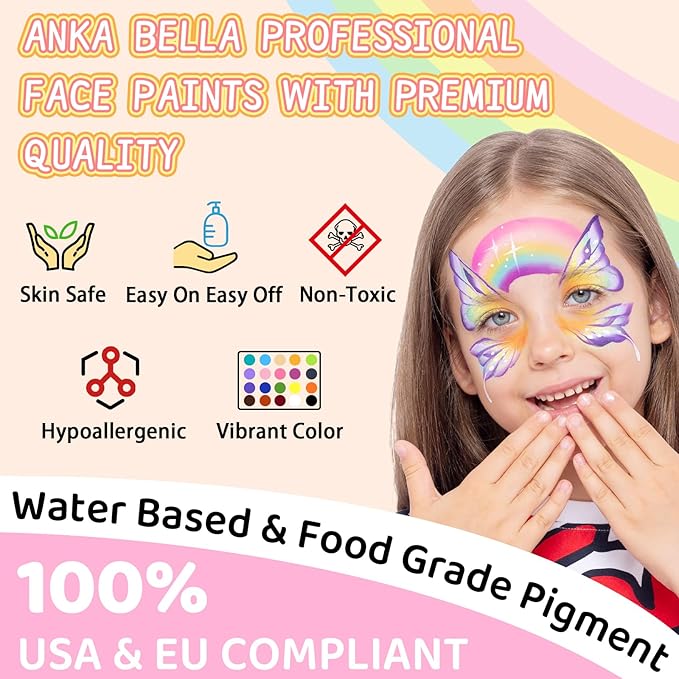 Anka Bella Professional face painting kit for kids，Hypoallergenic & Non-Toxic water based face paint include 26 split cake/1 rainbow cake,Gift for Birthday Parties/Halloween/Carnival