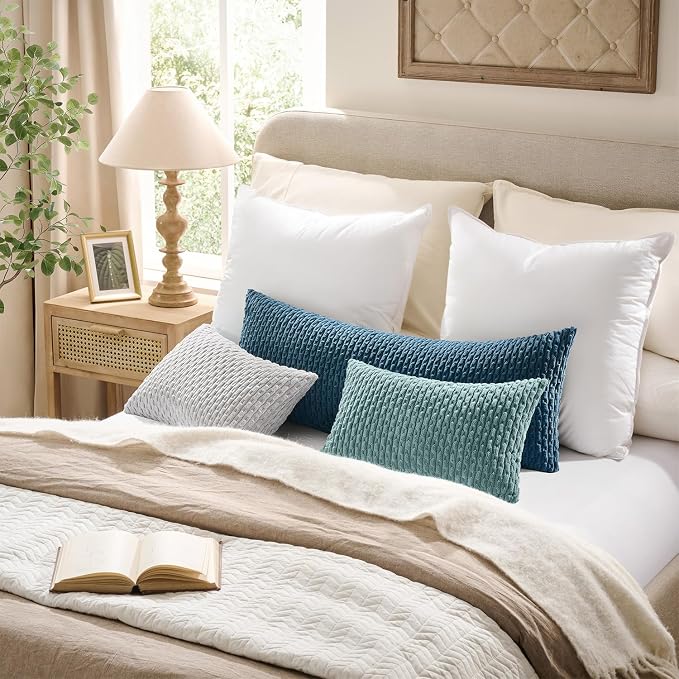 Kevin Textile Soft Corduroy 14"x24" Lumbar Pillow Cover 1 Pack, Blue Grey | Boho Stripe Plush Corduroy Decorative Oblong Cushion Cover Modern Farmhouse Home Decor for Sofa Couch Bed Chair