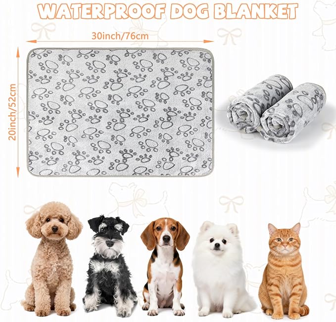 YUEPET Waterproof Dog Blankets, 2 Pack Washable Puppy Blankets 30 x 20 in | Grey Paw Print Pair, Reversible Fleece Throw, Heat-Reflective Mylar, Bed/Sofa/Car Protection, Small/Medium Dogs and Cats