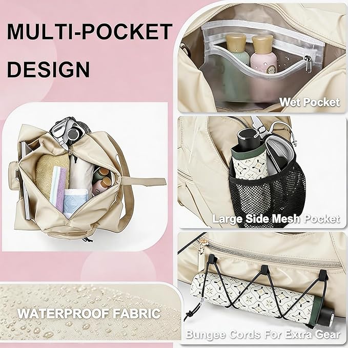 Gym Bag for Women, Yoga Mat Bag with Shoe Compartment and Wet Pocket, Sport Yoga Gym Bag with Yoga Strap, Carryall Yoga Tote Bag