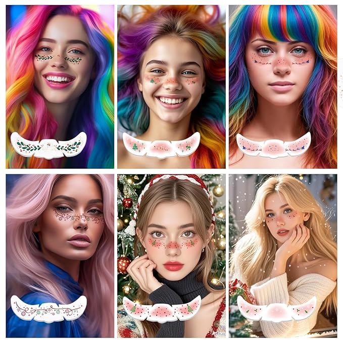 Christmas Glitter Face Tattoos – Waterproof Temporary Body Glitter Stickers for Holiday Parties and Christmas Festival Decorations, Sparkle Makeup Patches (6 Sheets)