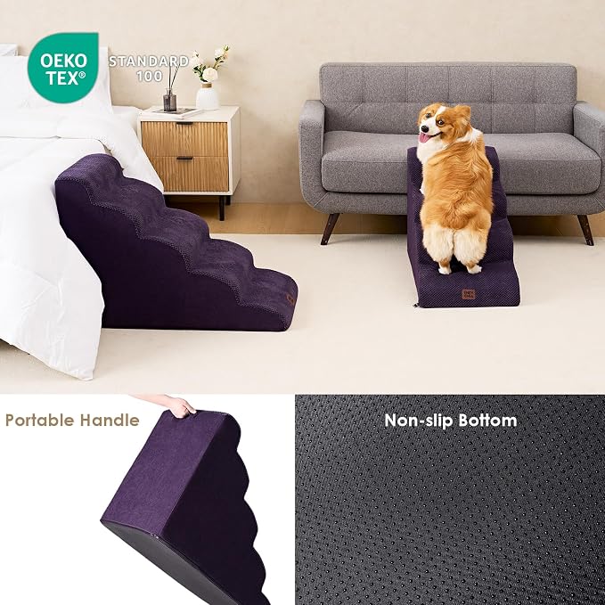 EHEYCIGA Curved Dog Stairs Ramp, 4-Step High Beds, 19.7" H Pet Step | 33D density of pure foam, for Small Dogs and Cats, Pet Stairs for High Bed Climbing, Non-Slip Balanced Indoor, Purple