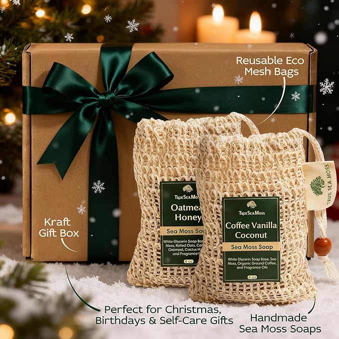 Holiday Gift Sea Moss Soap Bar – All-Natural Detox Soap with Coffee, Vanilla, Coconut & Oatmeal Honey – Gentle Handmade Foam for Sensitive Skin, Face & Body – Christmas Gift for Men & Women