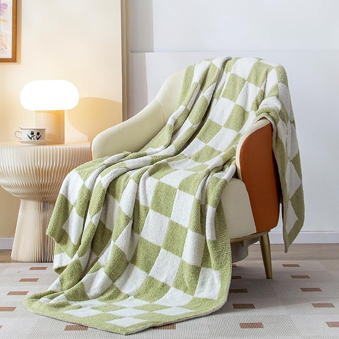SeaRoomy Fuzzy Checkered Throw Blanket for Bed Decor,Green 90"X90" | Warm,Cozy,Fluffy,Lightweight,Gift for Women Couch Sofa Bed Room Decor