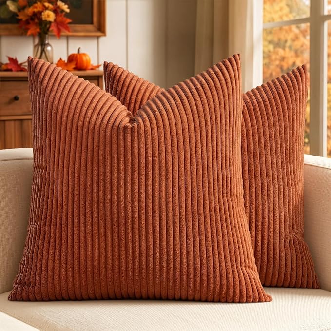 MIULEE Fall Euro Corduroy Throw Pillow Covers Set of 2 24x24 Rust | Soft Striped Textured Cushion Cases, Boho Rustic Square Pillowcases for Home Decor, for Couch Chair Sofa Bed Living Room