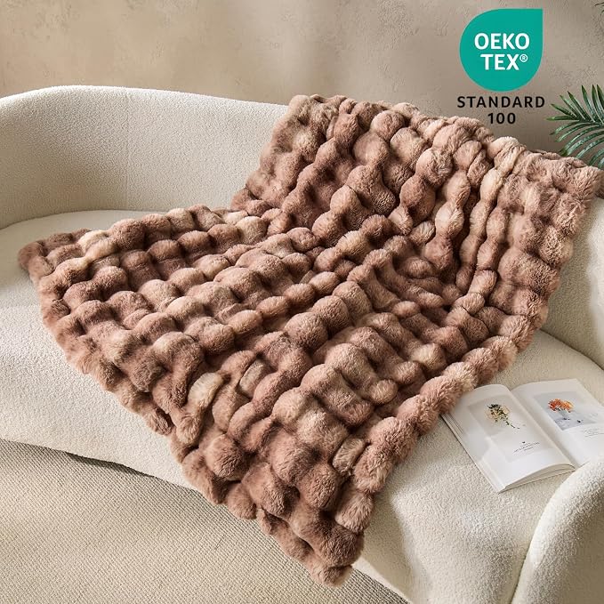 DOWNCOOL Large Faux Rabbit Fur Throw Blanket, Soft Fluffy Fuzzy Plush Bubble Blanket for Couch Sofa & Bed, Cozy Warm Luxury Fleece Minky Blanket, 90x90 Inches Tie-dye Brown