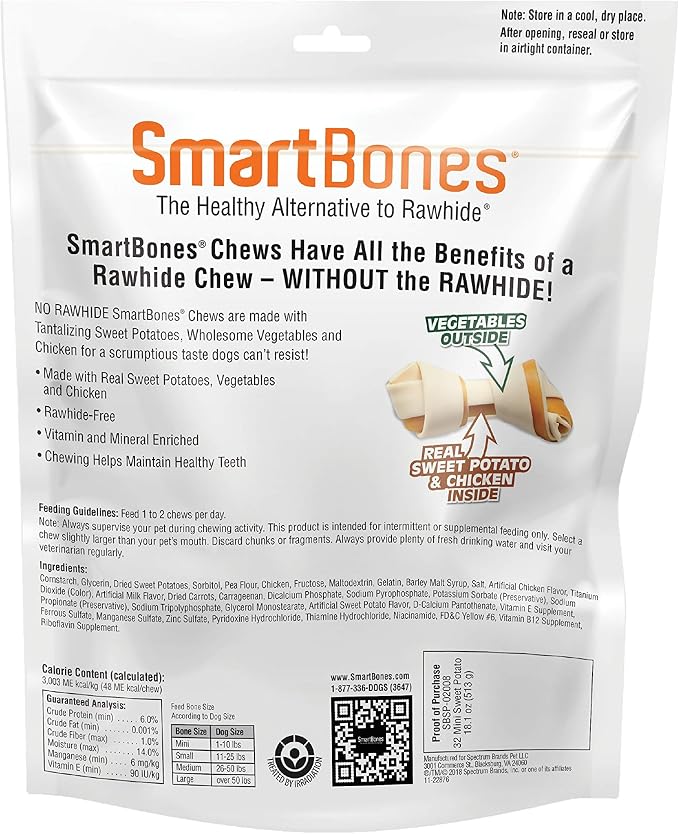 SmartBones Mini Bones Rawhide-Free Dog Treat, Real Sweet Potato, 32 Count | With Real Sweet Potatoes & Chicken, Easy To Digest Chew, Vitamin & Mineral Enriched, Supports Dental Health, For Small Dogs