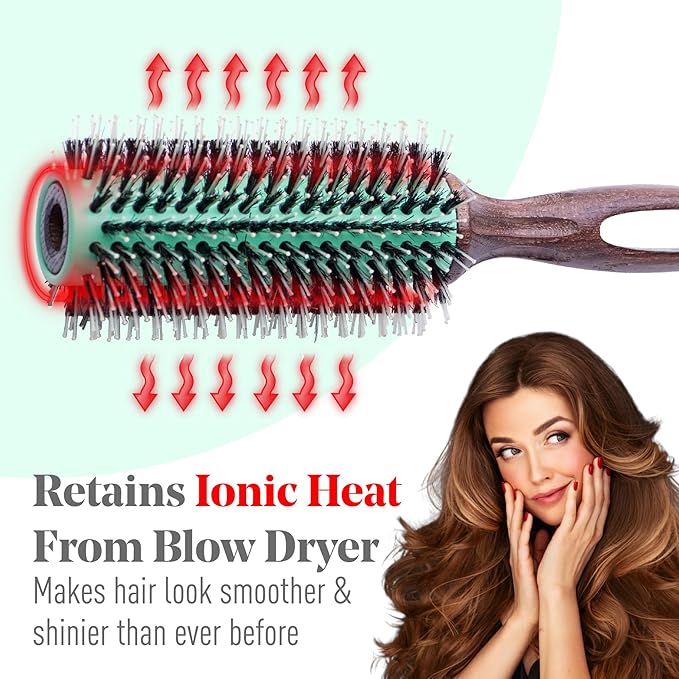 MINT Eco-Friendly Boar Bristle Round Brush for Blow Drying | Durable Blowout Styling for All Hair Types | Ceramic Round Brush with Hand-Crafted Wooden Handle (30 mm)