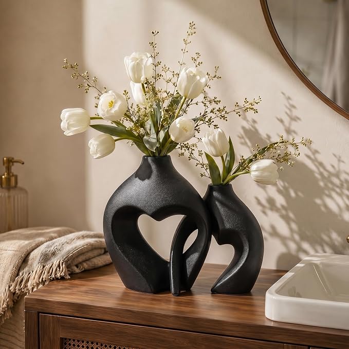 Black Ceramic Flower Vases Home Decor Heart Shaped Vase Set of 2 | Nordic Heart Shaped Vases Minimalist Decorative Vase for Table Centerpiece Wedding Dining Living Room Office House Decoration