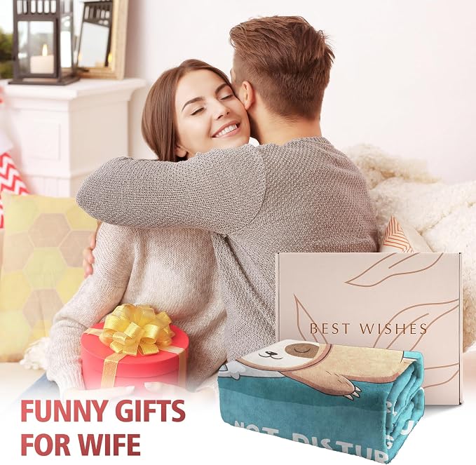 Leebbsin Funny Gifts for Wife, Anniversary Wedding Gifts for Wife | Wife is Charging Sloth Blanket 60" x 50", Cyan, Christmas Mothers Day Birthday Gift for Wifey from Husband