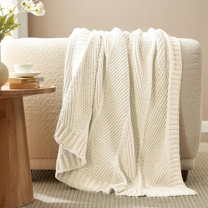 Knit Throw Blanket, Soft Chenille Cozy Breathable Chevron Chunky Decorative Blanket for Couch, Bed & Sofa, French-Inspired Lightweight Warm Gift for Women, Ivory, 50"x60"