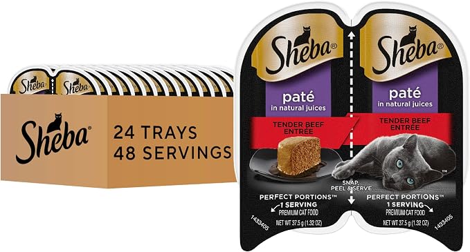 Sheba Perfect Portions Pate Wet Cat Food, Tender Beef, 2.6 oz, 24 ct | Grain-free, made in USA, 48 servings, no fillers, real meat, complete & balanced all life stages, twin-pack trays
