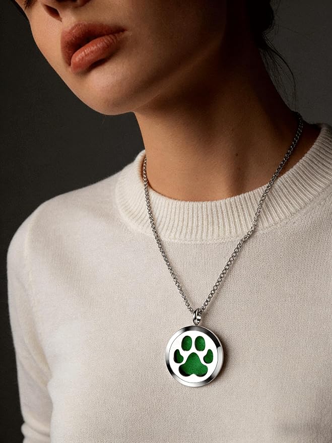 Dog Paw Essential Oil Diffuser Necklace - Aromatherapy Charm Locket Stainless Steel Chain Diffuser Pendant Jewelry for Women Men Teen Birthday Christmas