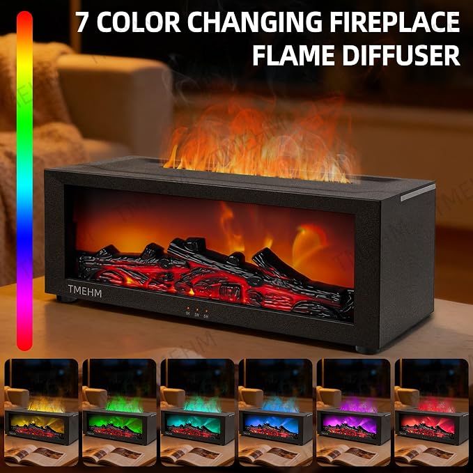 TMEHM Fireplace Flame Air Diffuser Humidifier,7 Colors Aromatherapy Essential Oil Diffuser,Ultrasonic Aroma Humidifier with Timer for Home,Bedroom,Office,Yoga (Black)