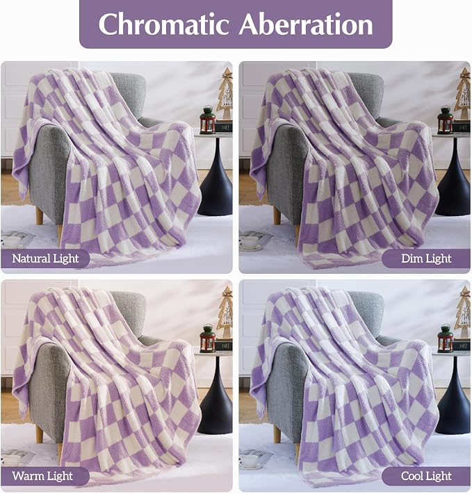 Soft Checkered Throw Blanket for Couch-Cozy Warm Knitted Blankets | Lightweight Warm Fluffy Decor for Women, Mom, Her & Girls, Sofa, Chair, Bed, 50x70in, Purple