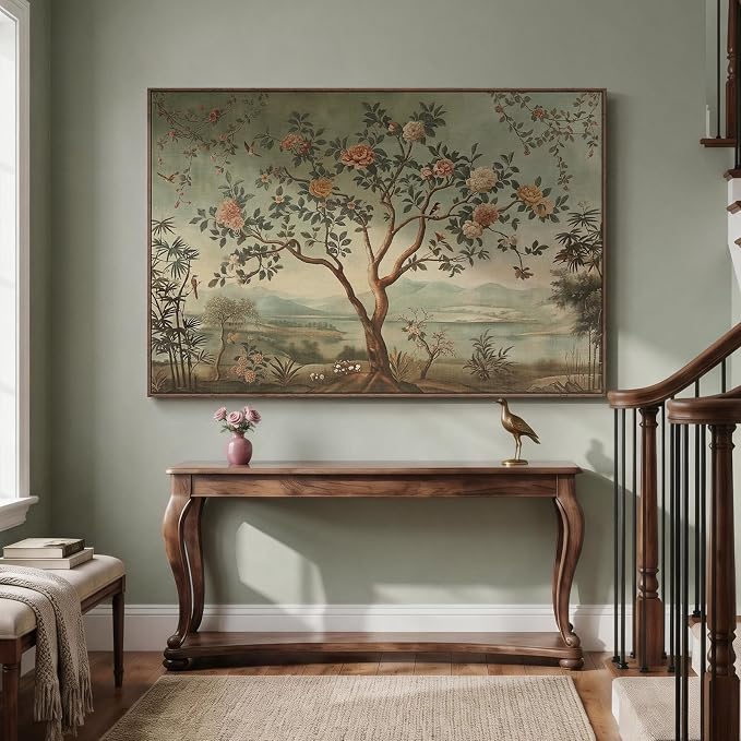 Extra Large Framed Vintage Landscape Wall Art for Living Room, Oversized Chinoiserie Tree Floral Canvas Horizontal Artwork for Walls, Retro Painting Prints Dining Room Hallway Wall Decor, 72x48 Inch