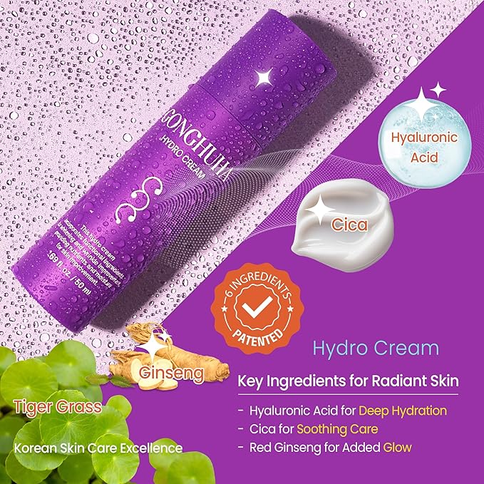 Hydro Cream – Lightweight Ultra-Hydrating Face Moisturizer for Glowing Skin | 50ml (1.69 fl oz) with Hyaluronic Acid & Cica | Korean Skin Care