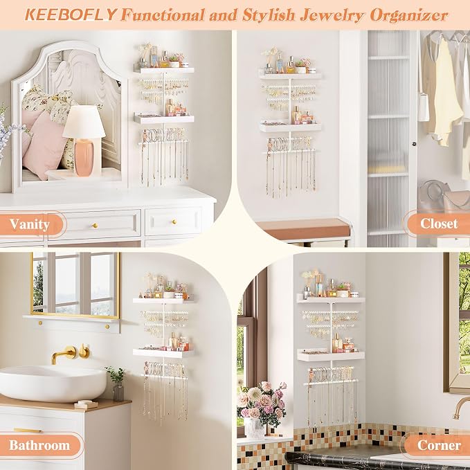 Keebofly Wall Mounted Jewelry Organizer with 2 Tired Shelves & Ring Holder- Jewelry Holder Wall Storage Display for Earrings, Necklace, Bracelet, Hair Accessories for girls in Bathroom Bedroom, White