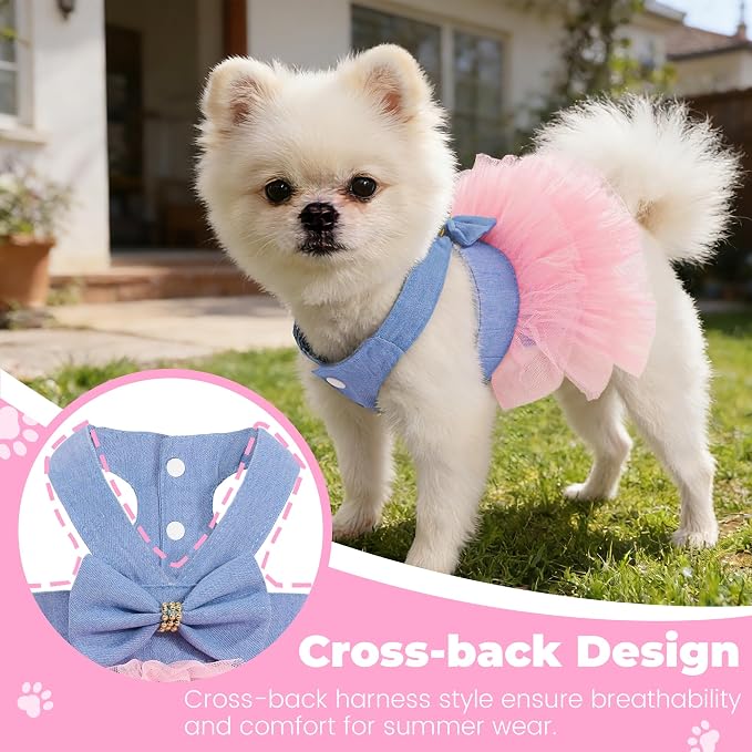 Dog Dress, Fashion Puppy Tutu Princess Dresses for Small Dogs Girl, Sweet Skirt with Dog Bowknot Clips, Spring Dog Cat Clothes Pet Apparel (Denim Dress Tutu, X-Small)