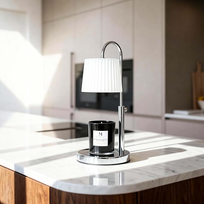 Candle & Warmer Set – 8.5 oz Coconut Blend Luxury Candle + Hand Blown Glass Lamp Warmer | Modern Self-Care Gift Set (Chrome, Rose Oud)