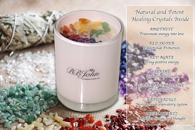Chakra Crystal Candle Bundle with Tree of Life Pendant, Manifestation Intention, Healing Crystals Gemstones, Meditation, Aromatherapy, Natural Soy Wax (Crystal Candle + Tree of Life Pendant)
