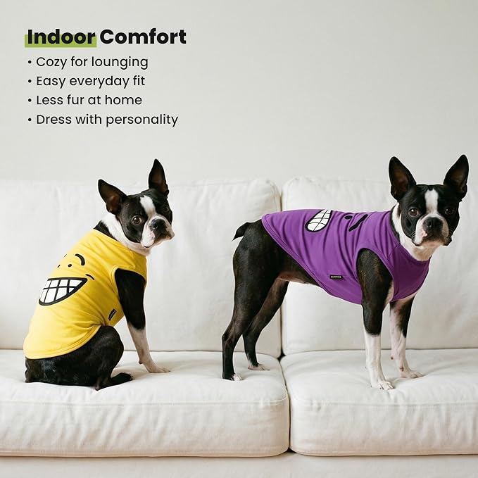 Fitwarm 2 Pack Happy Scary Expression Dog Shirt, Funny Clothes for Small Dogs Boy Girl, Pet Outfit, Yellow, Purple, Medium