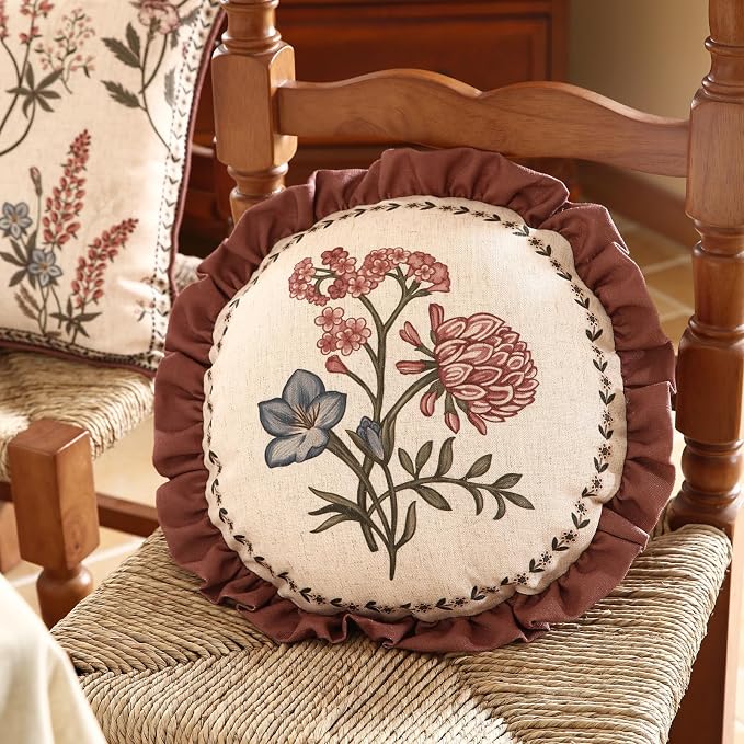 Designer Linen Throw Pillow Cover,Set of 2,Diameter 16"-Helena D | Vintage Elegant Round Decor Pillow Cover,Concealed Zipper Design,Floral Pattern,Sofas,Bedroom,Living Room,Lounge Chairs