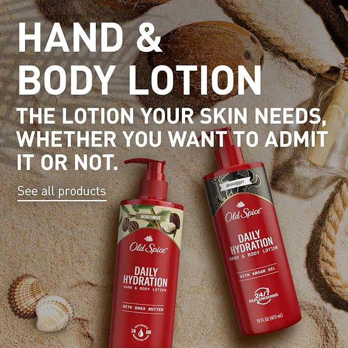 Old Spice Hand & Body Lotion for Men, Daily Hydration, 24/7 Hydration, 24/7 Replenishing Rich Moisture for Dry Skin, Lightweight Formula, Swagger with Argan Oil Scent, 16 fl (Pack of 4)