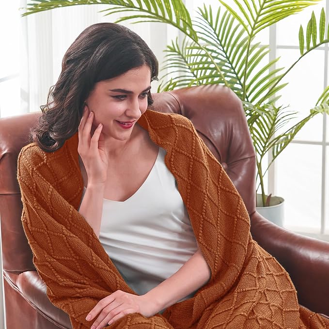 inhand Orange Rust Knitted Throw Blanket for Couch and Bed, 50"x60" | Soft Cozy Knit Blanket with Tassel, Lightweight Decorative Blankets and Throws, Farmhouse Warm Woven for Men and Women
