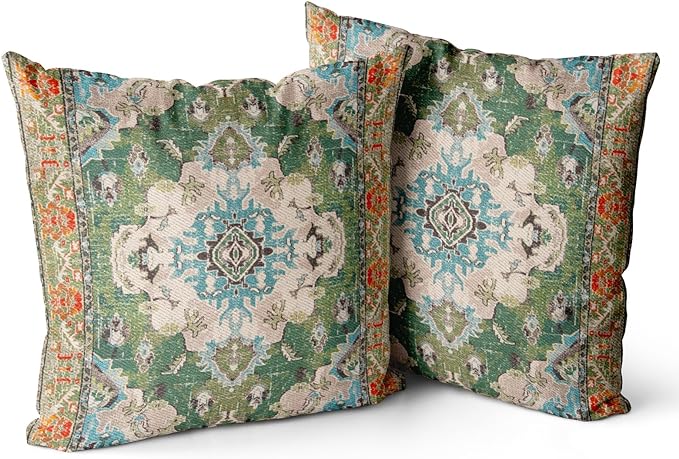 Snycler Boho Throw Pillow Covers 22x22 inch Set of 2 Boho Rug Carpet Double Sided Pattern Cotton Soft Pillow Case Cushion Cover Pillowcase for Couch Sofa Bed Decorative (Green)