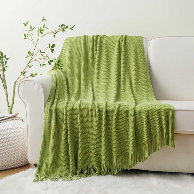 BATTILO HOME Lime Green Throw Blanket for Couch, 50"x60" | Soft Chenille Knit Throw Blanket with Tassels for Home Decor, Spring Green Throws for Couch Cover