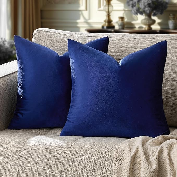 GIGIZAZA Royal Blue Velvet Throw Pillow Covers 24x24 Pack of 2 | Decorative Pillows for Couch Sofa,280gsm Soft Textured Fabric,Modern Square Pillowcases,Luxury Cushion Covers