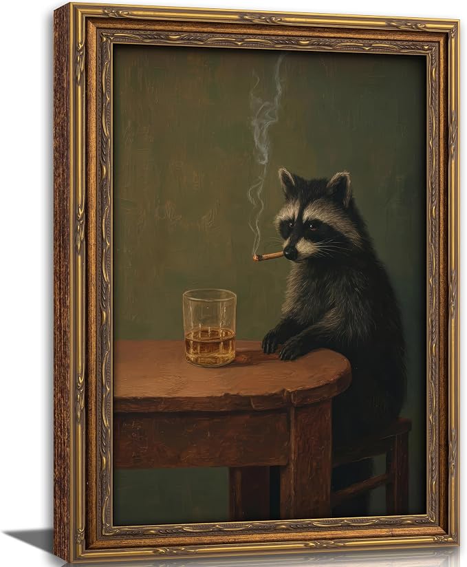 Vintage Gold Framed Smoking Raccoon Wall Art,Moody Dark Funny Animal Whiskey Cigar Canvas Print,Humor Funny Raccoon Wall Decor,Retro Bar Cart Poster Artwork,for Study Living Office Bar Decor
