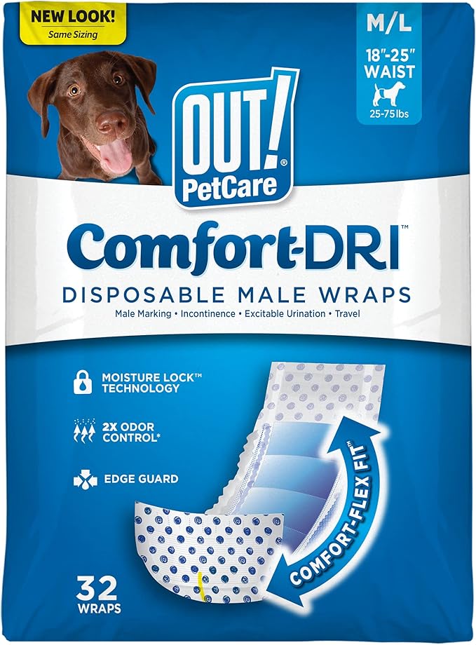 OUT! PetCare Male Dog Diapers, Disposable Belly Bands, M/L, 32 Count | Dog Belly Bands, Potty Training, Incontinence Support, Leak Proof, Disposable Wraps, Male Wrap, Puppy Essentials, Dog Wrap