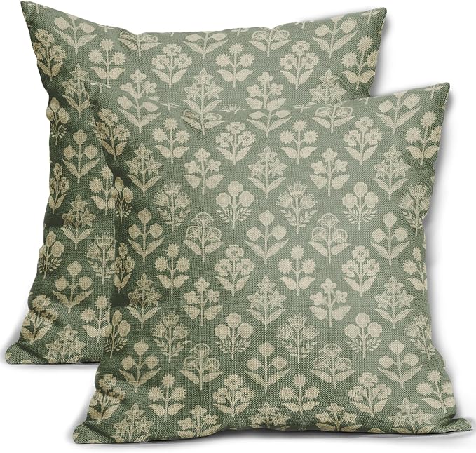 Sage Green Floral Block Print Pillow Covers 20x20 Inch Set of 2, Vintage Flower Pattern Decorative Throw Pillowcases Outdoor Farmhouse Cushion Covers Spring Summer Rustic Sofa Couch Bed Decor