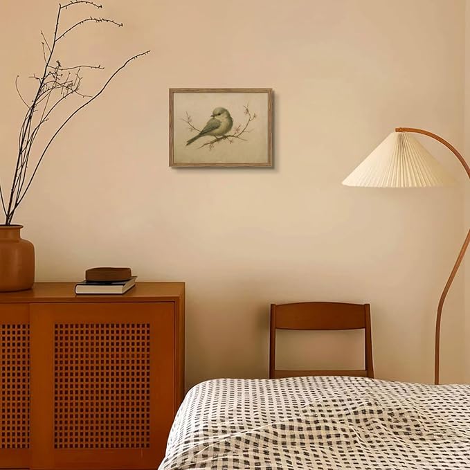 Vintage Bird Wall Art, Cherry Blossom Spring Pictures Canvas Wall Decor, Rustic Farmhouse Bird Animal Artwork Print Poster for Living Room Bedroom Bathroom 12x16 Inch Framed