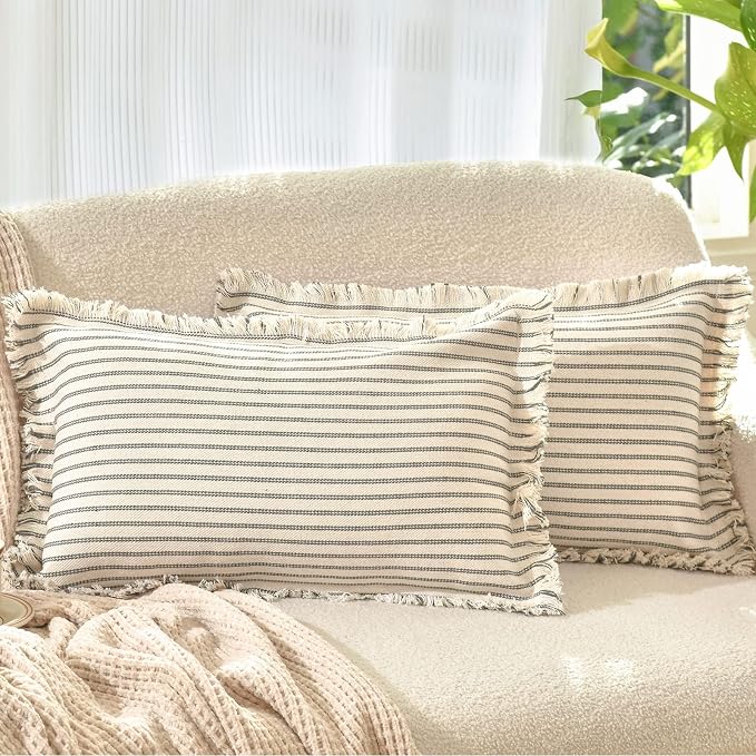 Throw Pillow Covers 12x20 Set of 2 Striped Pillow Covers with Fringe Chic Cotton Decorative Pillows Square Cushion Covers for Sofa Couch Bed Living Room Farmhouse Decor, (Gray)