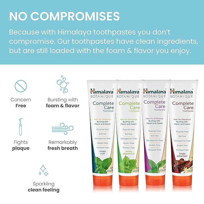 Himalaya Botanique Complete Care Toothpaste, Herbal, Variety Pack, Fights Plaque, Freshens Breath, Fluoride Free, No Artificial Flavors, SLS Free, Cruelty Free, Foaming, 5.29 Oz, 4 Pack