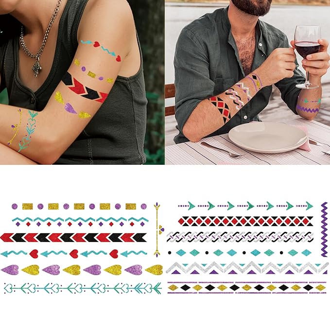 Temporary Tattoo Markers for Skin, 8 Body Markers + 84 Minimalist Armband Tattoo Stencil for Kids Adult, Flexible Brush Tip & Bright Colors Body Marker and Tattoos Stencils Set for Party Favor Gift