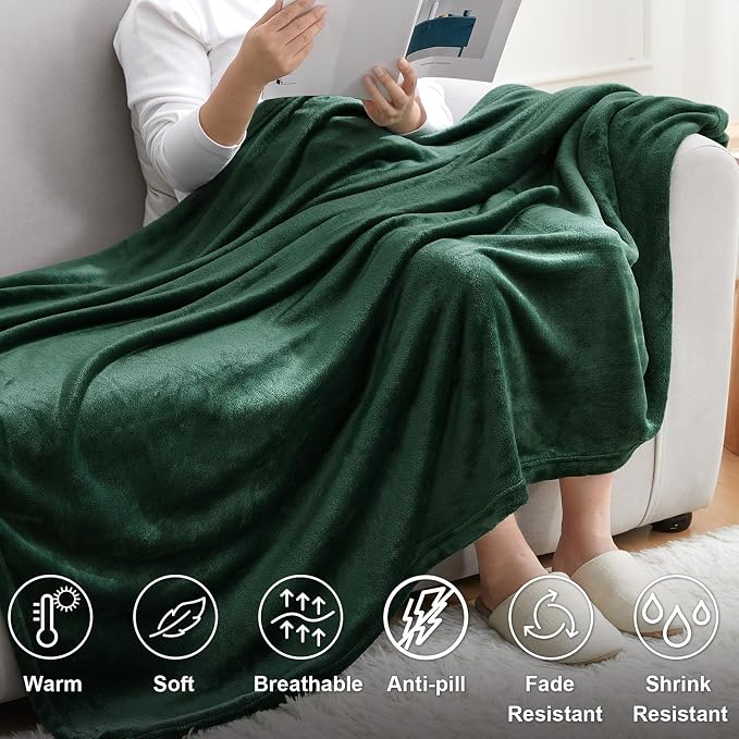 Hansleep Throw Dark Green Fleece Blanket, Soft Flannel Bed Blanket | Fuzzy Cozy Blanket 50x60 Inches, Multi-use for Bed, Sofa, Couch, Travel, Camping, All Season Warm Lightweight Cover