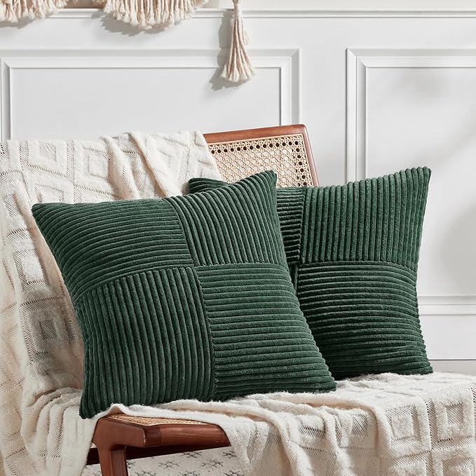 Fancy Homi Dark Green Decorative Throw Pillow Covers 20x20 Inch for Living Room Couch Bed, Boho Farmhouse Forest Green Home Decor, Soft Corss Corduroy Patchwork Textured Cushion Case