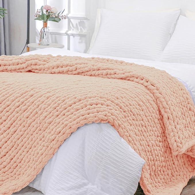 Bigacogo Chunky Knit Throw Blanket for Couch, 40x80 inches, Peach Fuzz | Hand Knit with Jumbo Chenille, Soft Breathable Cable Knit for Sofa Bed Living Room, Machine Washable, Gift for Mom Friend