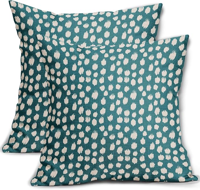 Teal Cream Pillow Covers 22x22 Set of 2 Boho Design Polka Dot Throw Pillows Modern Brush Strokes Print Decorative Outdoor Pillowcase Square Cushion Cover Linen Pillow Case for Home Sofa Couch Bed