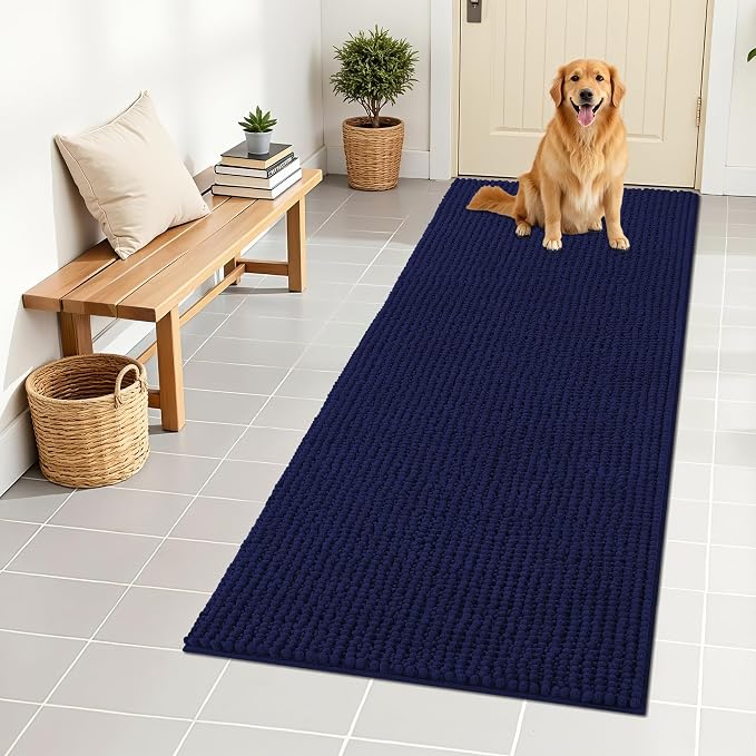 OLANLY Dog Door Mat for Muddy Paws 59x24, Extra Absorbent Chenille Mud Mat | Navy Blue, Absorbs Moisture and Dirt, Non-Slip Machine Washable Doormat, Quick-Drying Indoor Entryway Floor Mat for Dogs