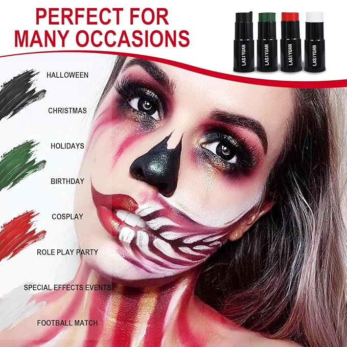 Face Body Paint Stick (BLACK+WHITE+GEEEN)，Water Resistant Sports Body Makeup Athletes Softball， Professional Halloween Face Makeup Kit ，for Halloween costume， Zombie Clown Vampire