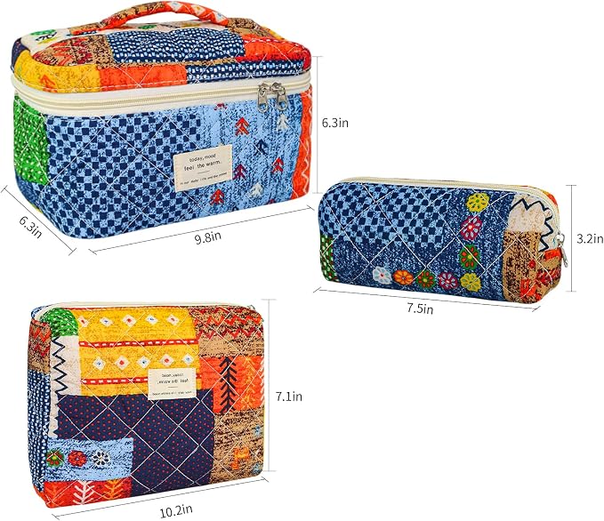 GISMTR 3Pcs Makeup Bag Cotton Quilted Travel Cosmetic Bag Cute Floral Makeup Pouch Large Toiletry Bag for Women Girls